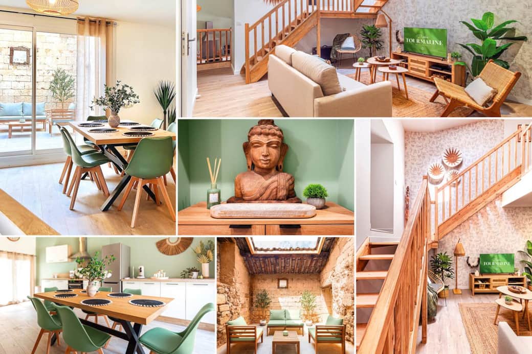 Vue d'ensemble de l'appartement chaleureux et invitant au voyage grâce à une décoration Wabi Sabi (L'art de l'imperfection et du travail artisanal)
