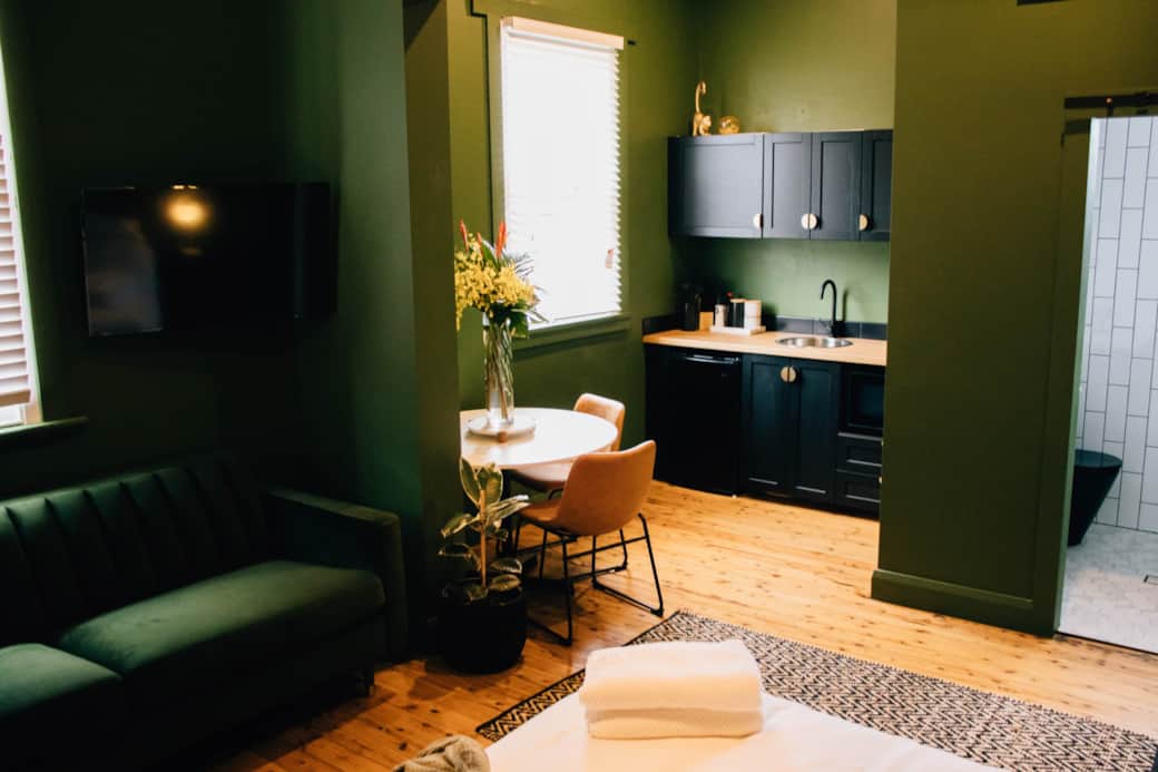Open plan layout, with 100-year-old polished floorboards