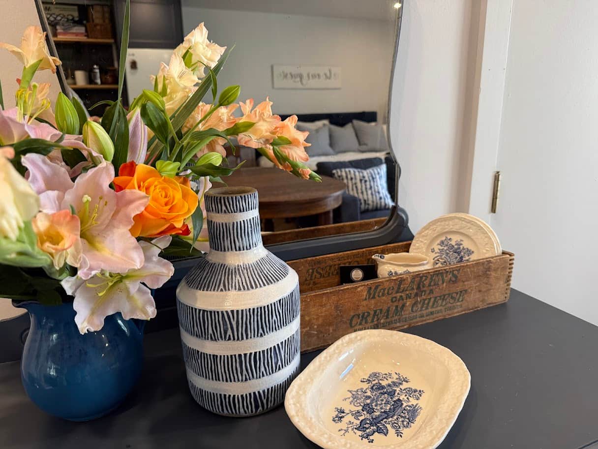 Some of our fun vintage and foreign travel finds that decorate this space.