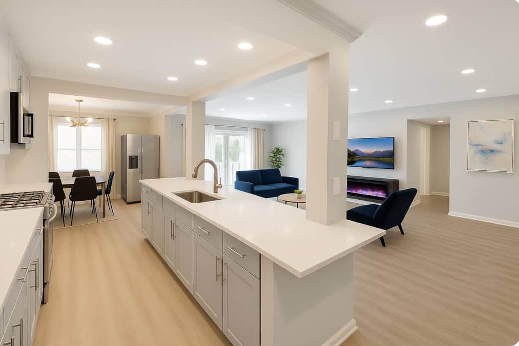 “Spacious kitchen with full amenities, featuring a large quartz island and open flow to the dining and living room.”