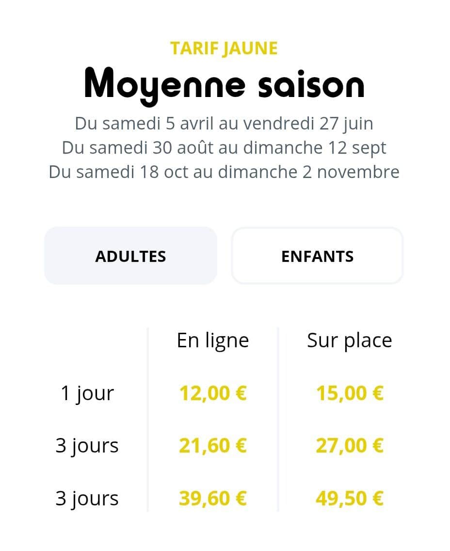 Tarif Fun pass adulte moyenne saison