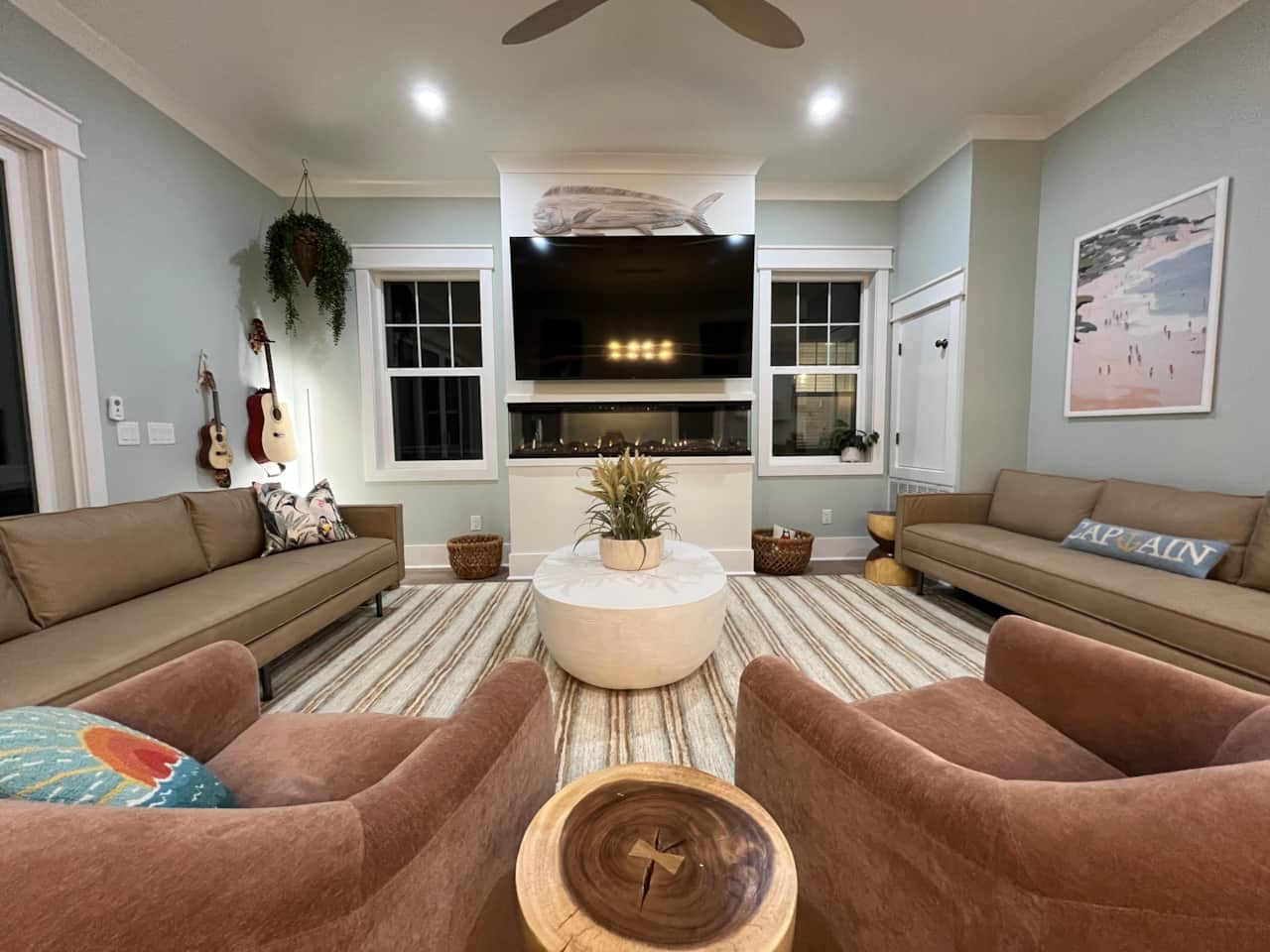 Comfortable Spacious Living Room For Entertainment with Mahi Tuna, Modern Fire Place, Roku TV