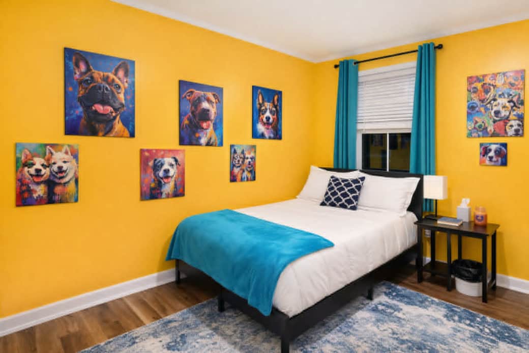 Cozy bedroom with blackout curtains and soft linens for peaceful, restful nights. Cozy bedroom with blackout curtains and soft linens for peaceful, restful nights.