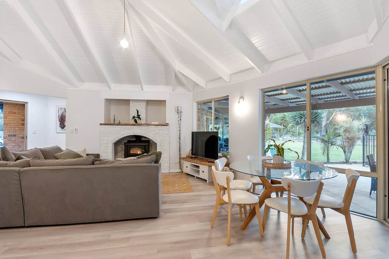 Settle in beside the indoor wood fireplace