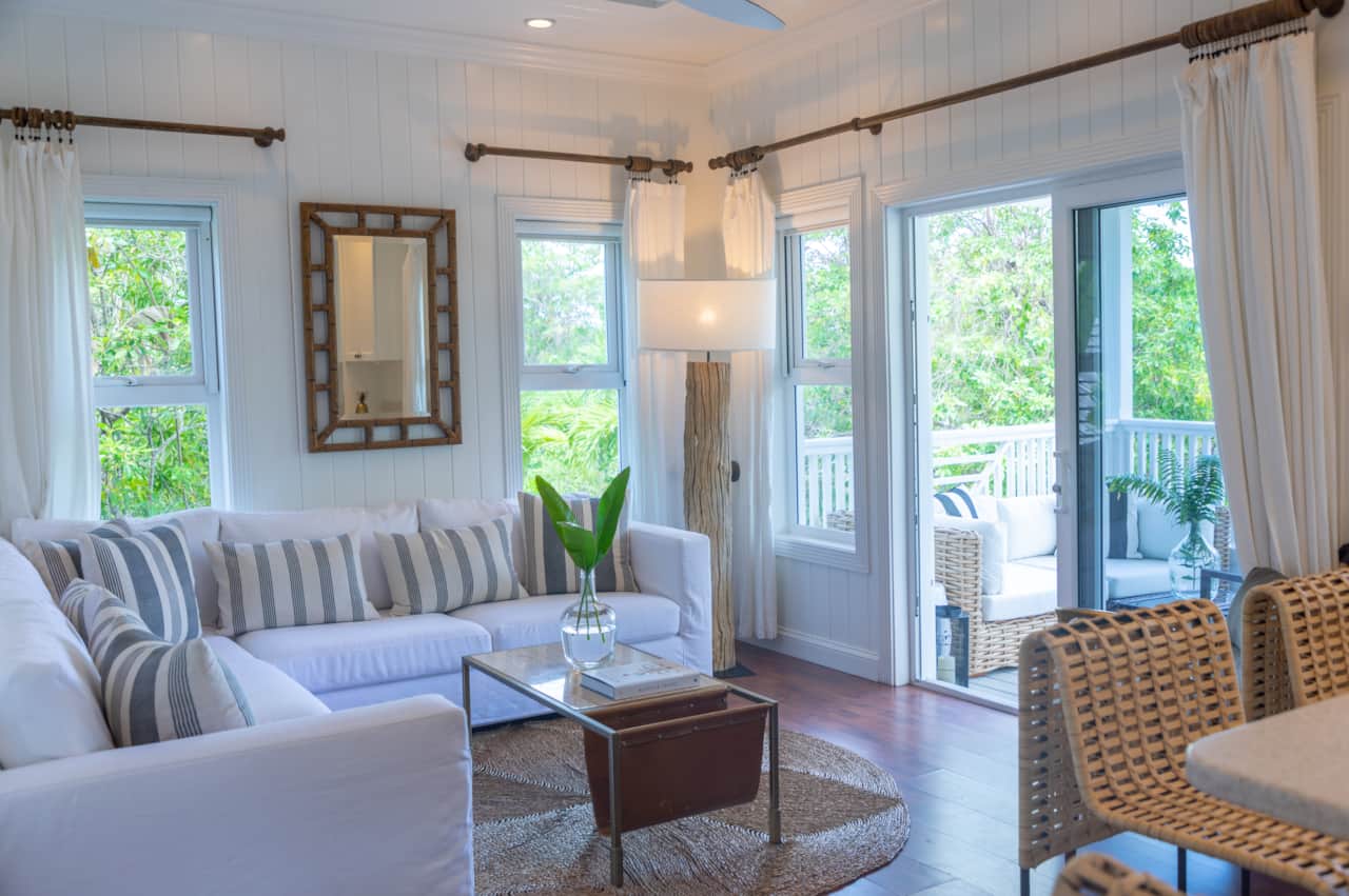 Bright upside-down living room layout at The Hideaway on Harbour Island, Bahamas