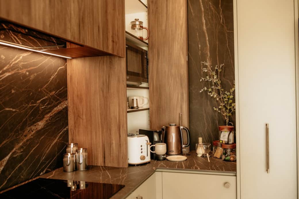 Nespresso coffee machine with pods, a selection of teas, electric jug, matcha tools, coffee plunger