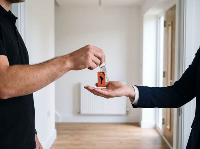 A set of house keys with an orange tag being handed over in an empty hallway