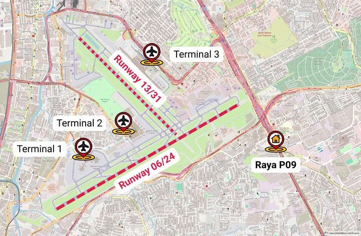 Simplified NAIA layout showing terminals 1–4, Raya P09, runway 06/24 and 13/31