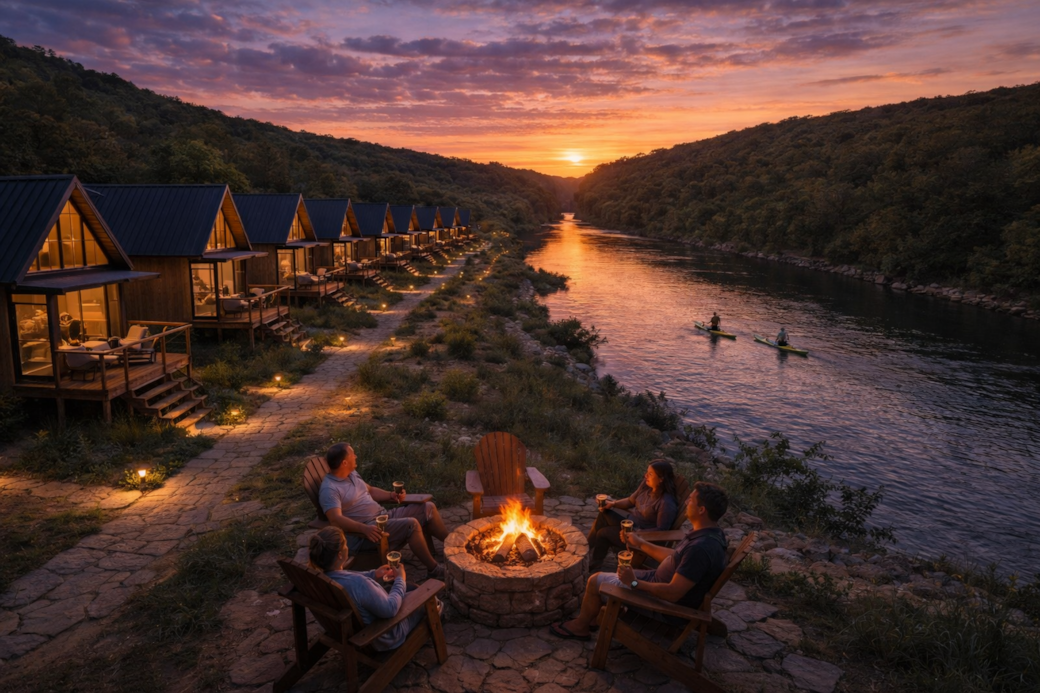 River, paddle board, fire pit