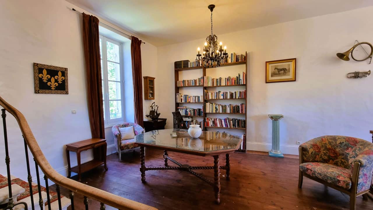 Quiet library with armchairs and old books