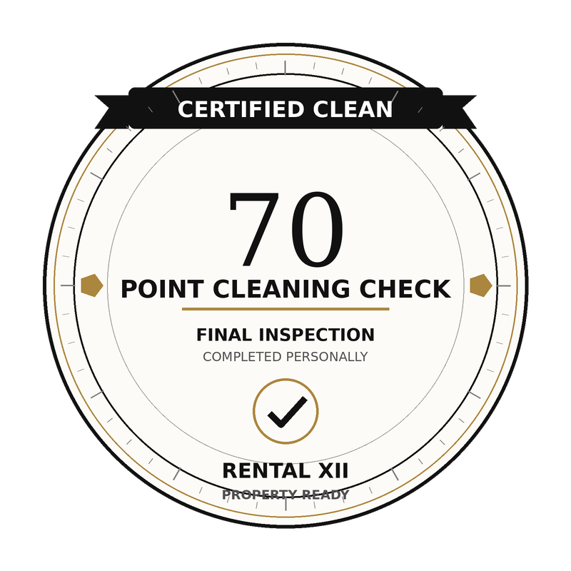 Badge RENTAL XII Certified Clean — verifica pulizia in 70 punti ad ogni cambio ospite