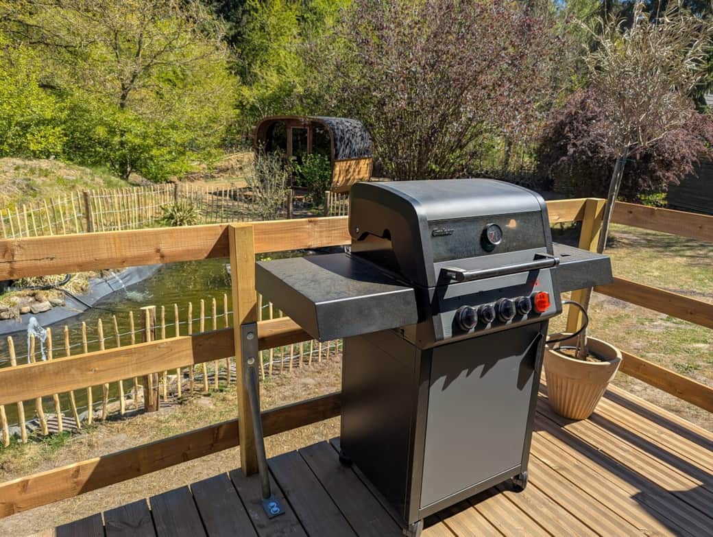 Hochwertiger Gasgrill mit Blick auf den Garten mit Gartenteich 