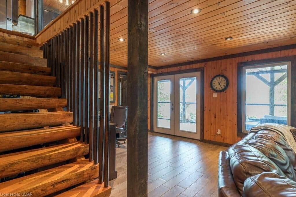 Beautiful log stair cases connecting each level. Beautiful log stair cases connecting each level.