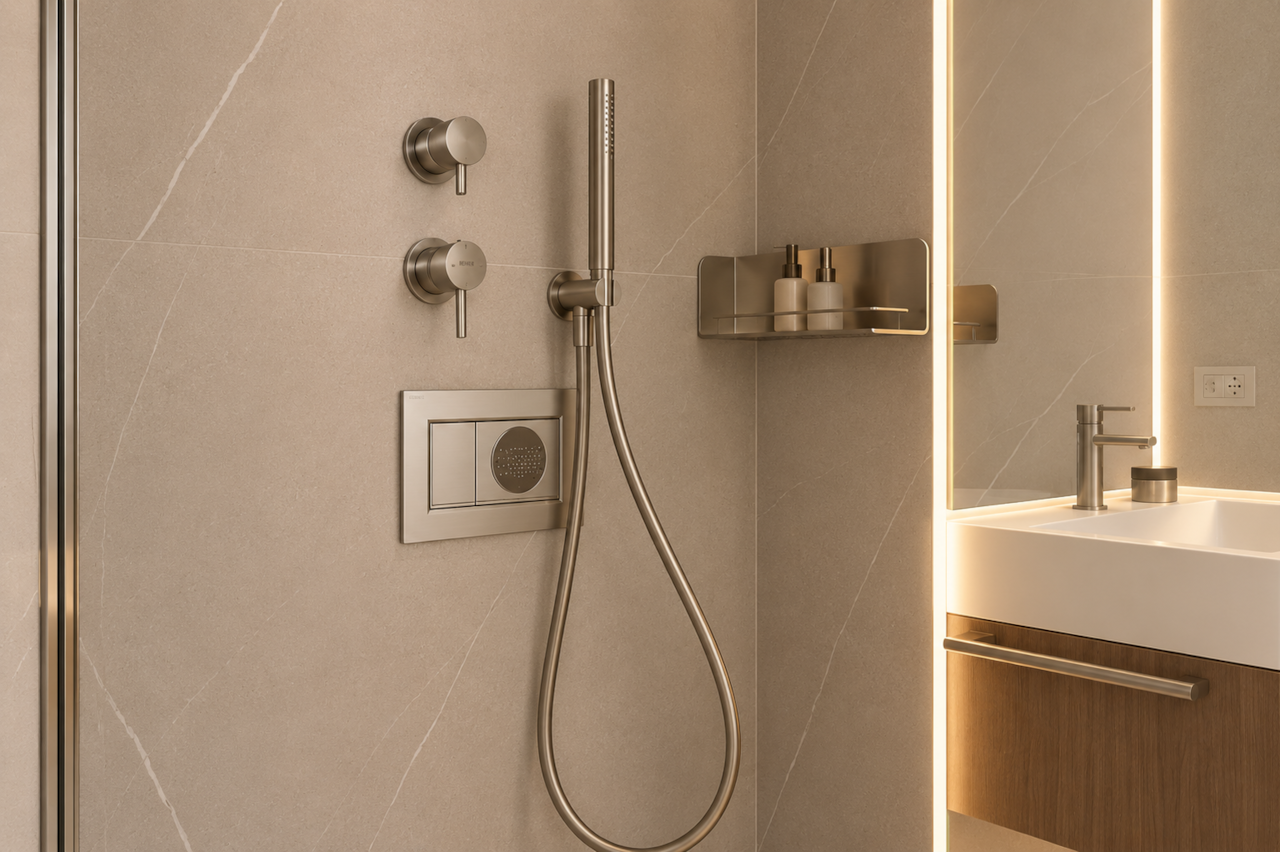 AZULIS DelleTerme Suites Walk in rain shower with stone tiles by RENTAL12