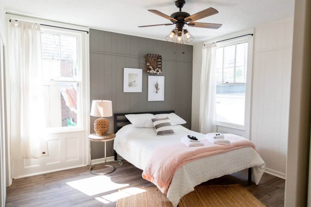 Just past the living room to the right is the master bedroom with a comfy queen memory foam bed.