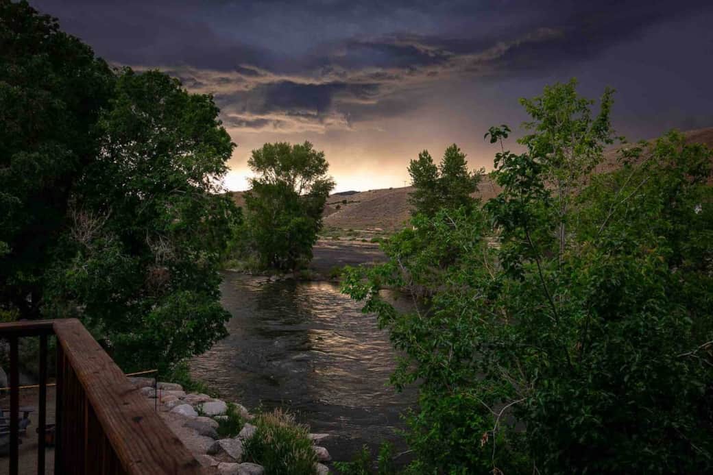 Riverside view at sunset. Serene evening view of the Arkansas River.