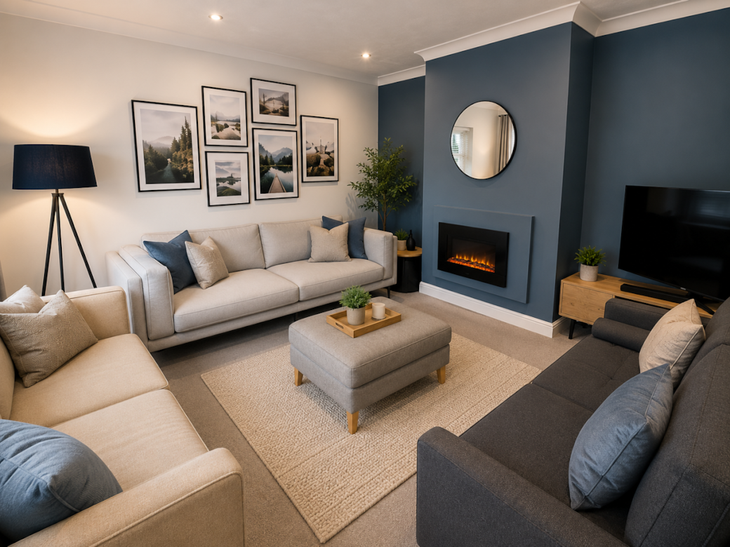 Cosy living area with plenty of seating and smart TV