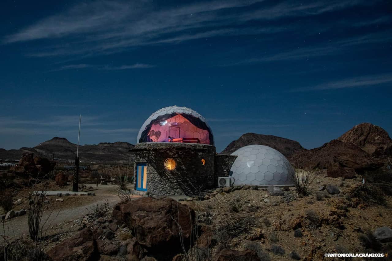Space Fort 003 glowing at dusk in the desert