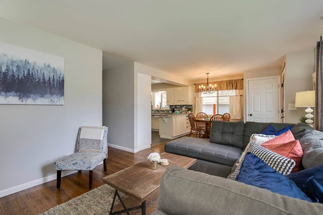 Open kitchen to living room to dining.  