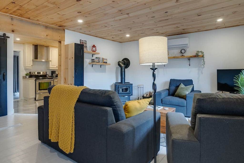 Salon avec foyer au bois