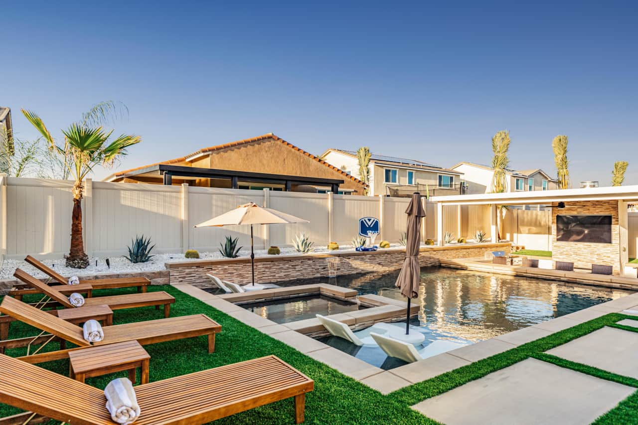 Beautiful Green Landscape, Chaise Lounge Chairs, Concrete Squres