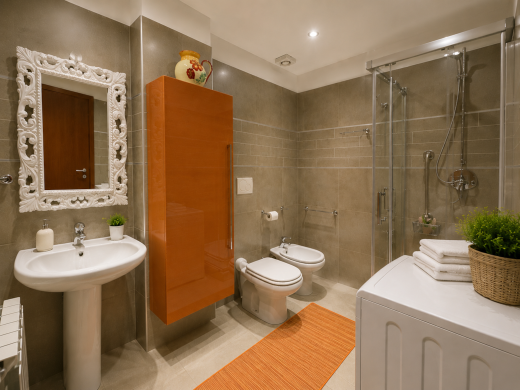 Elegante bagno moderno completo di ampia cabina doccia