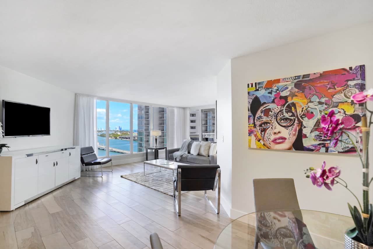 Living room, tv, views of Biscayne Bay, balcony access