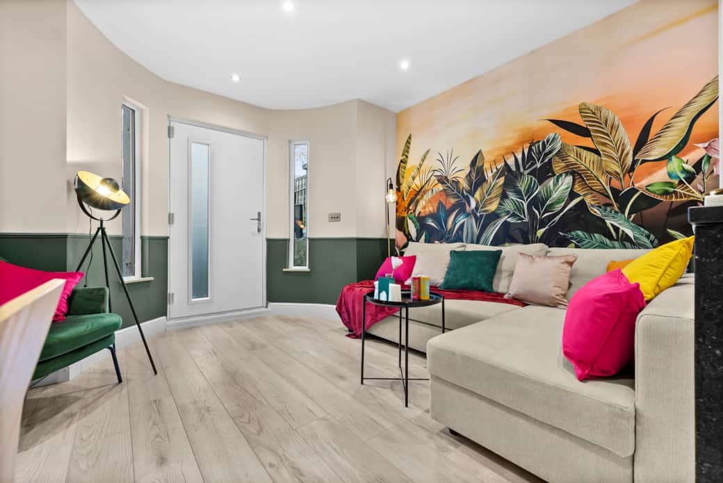 Living room with open plan kitchen and dining area
