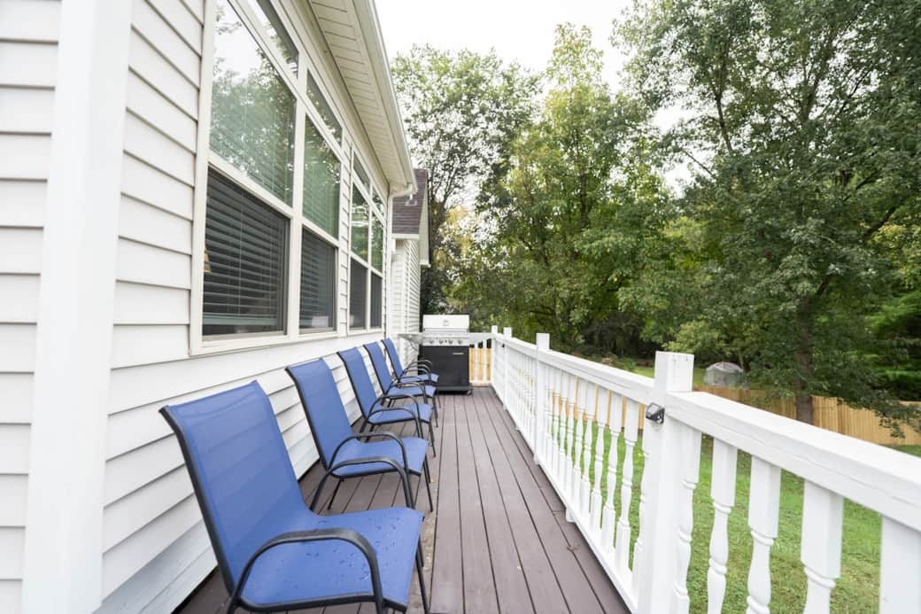 The wrap around back porch that overlooks the back yard has five comfy chairs to relax in and sip coffee in the morning, tea in the afternoon or watch the sunset at dawn. There is a professional stainless steel grill included for your use. The wrap around back porch that overlooks the back yard has five comfy chairs to relax in and sip coffee in the morning, tea in the afternoon or watch the sunset at dawn. There is a professional stainless steel grill included for your use.