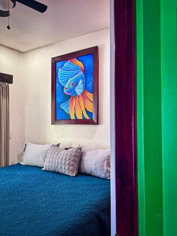 Detail view into master bedroom of PEZ with king bed Detail view into master bedroom of PEZ with king bed