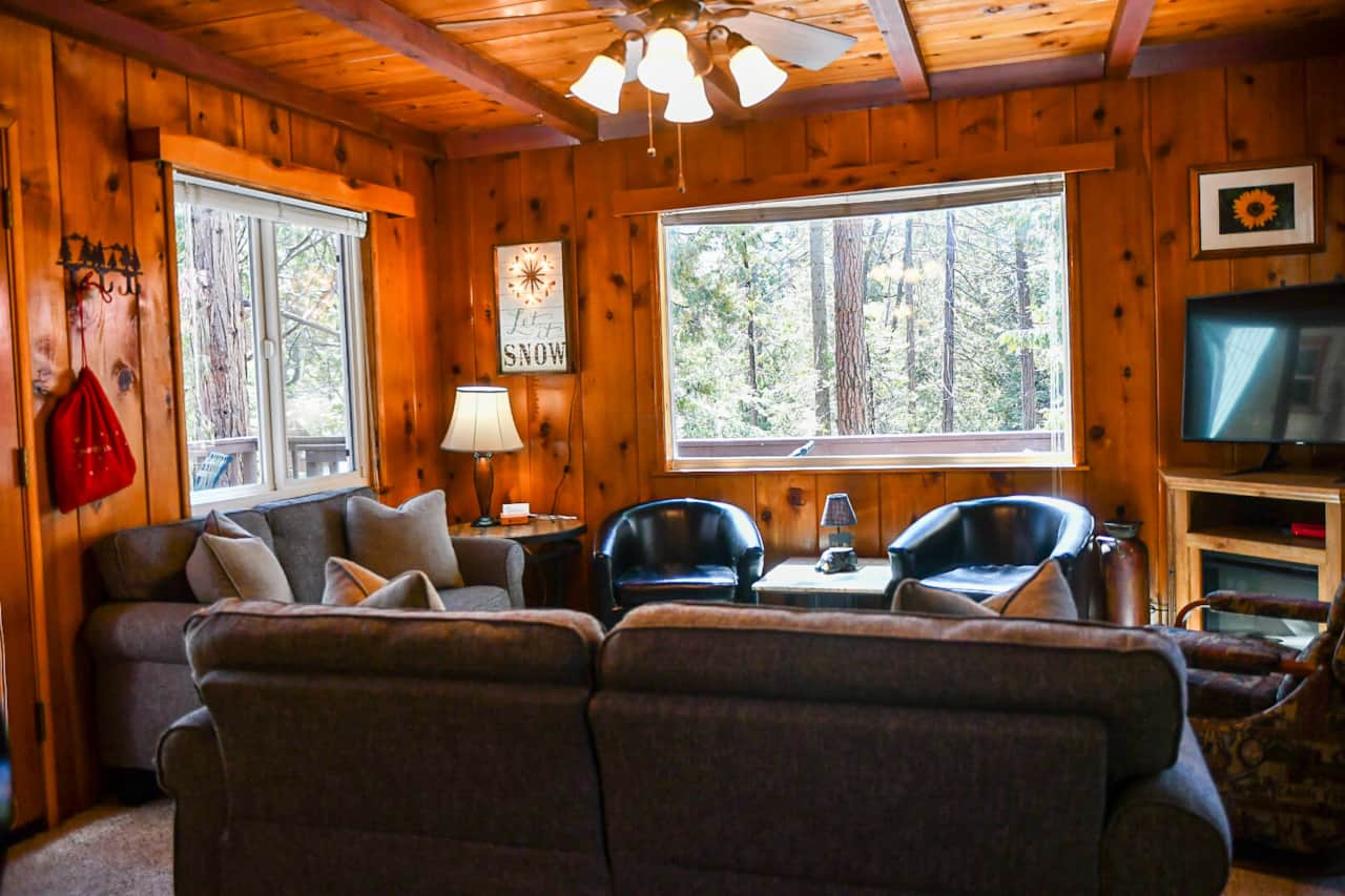 Movie night? Living room with views of the sierras