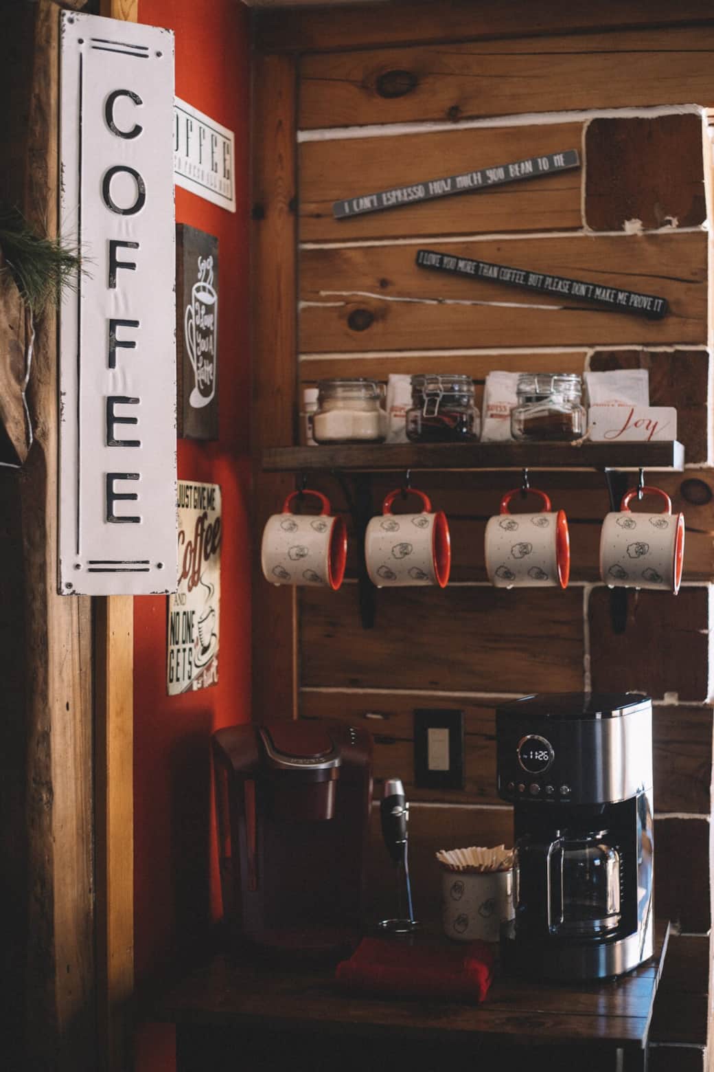 The coffee bar complete with gourmet coffee, k-cups, various teas, hot chocolate,  and creamers. Also provided is a coffee grinder, scale, electric kettle with temp control, carafe, and non-bleached filters for pour over coffee.