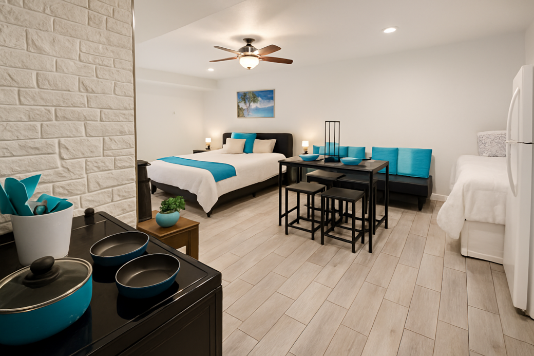 Enjoy the comfort of a private studio-style suite with a cozy bed, dining area, kitchenette, and spa Enjoy the comfort of a private studio-style suite with a cozy bed, dining area, kitchenette, and spa