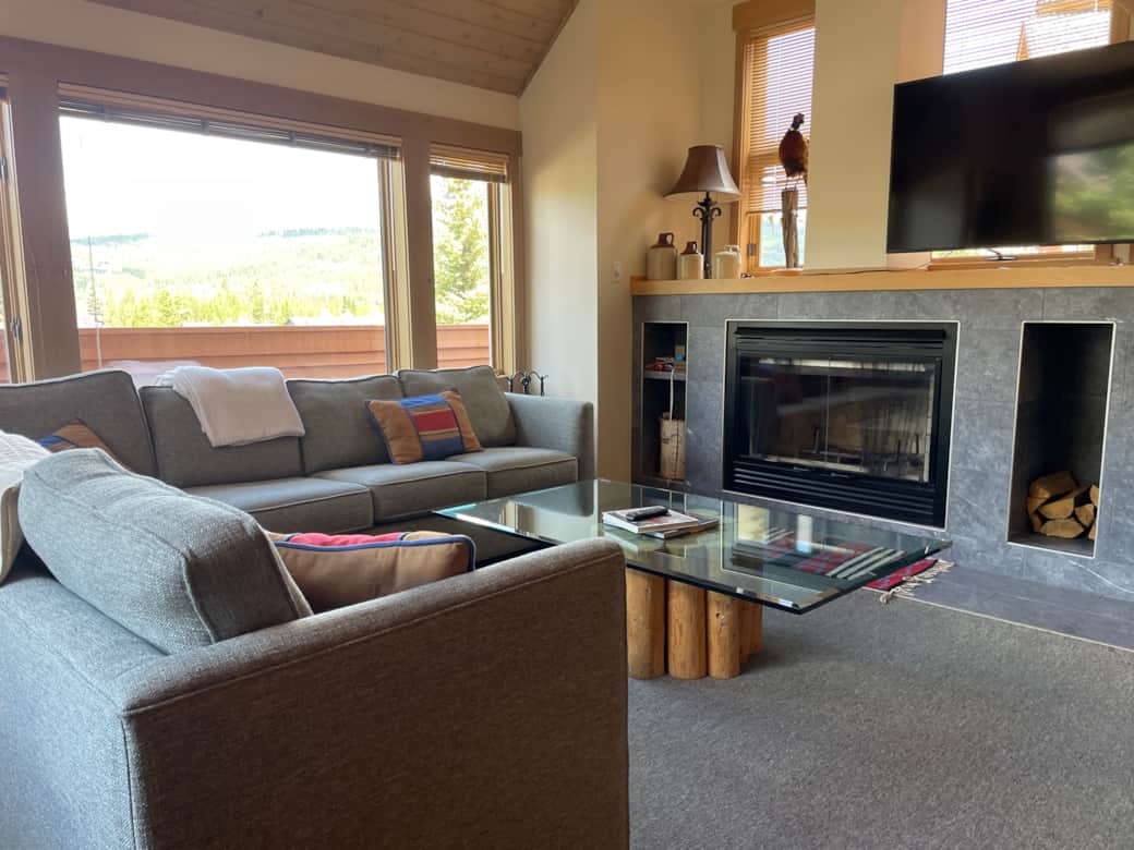 Living room with wood burning fireplace