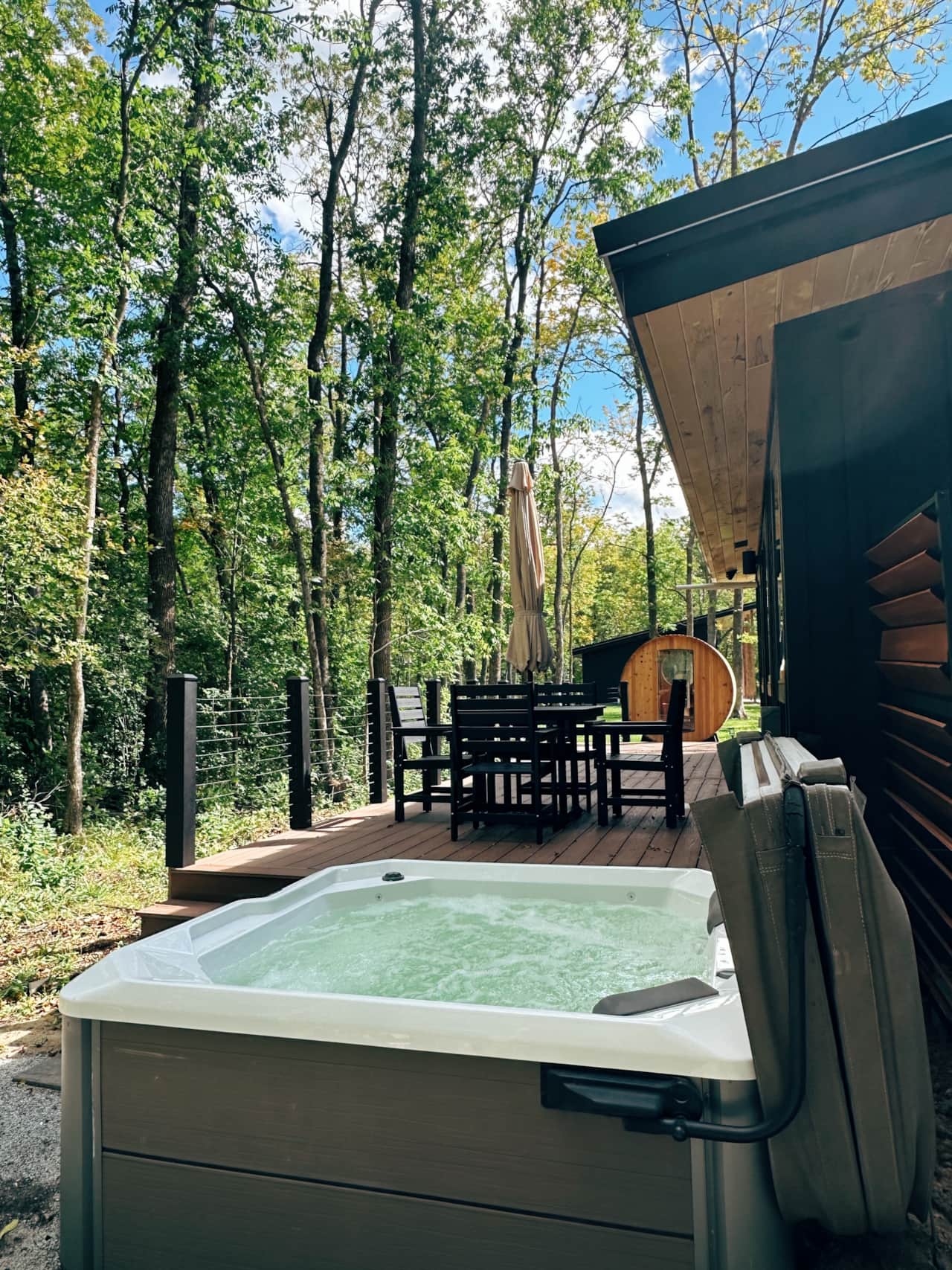 Back porch, sauna, hot tub