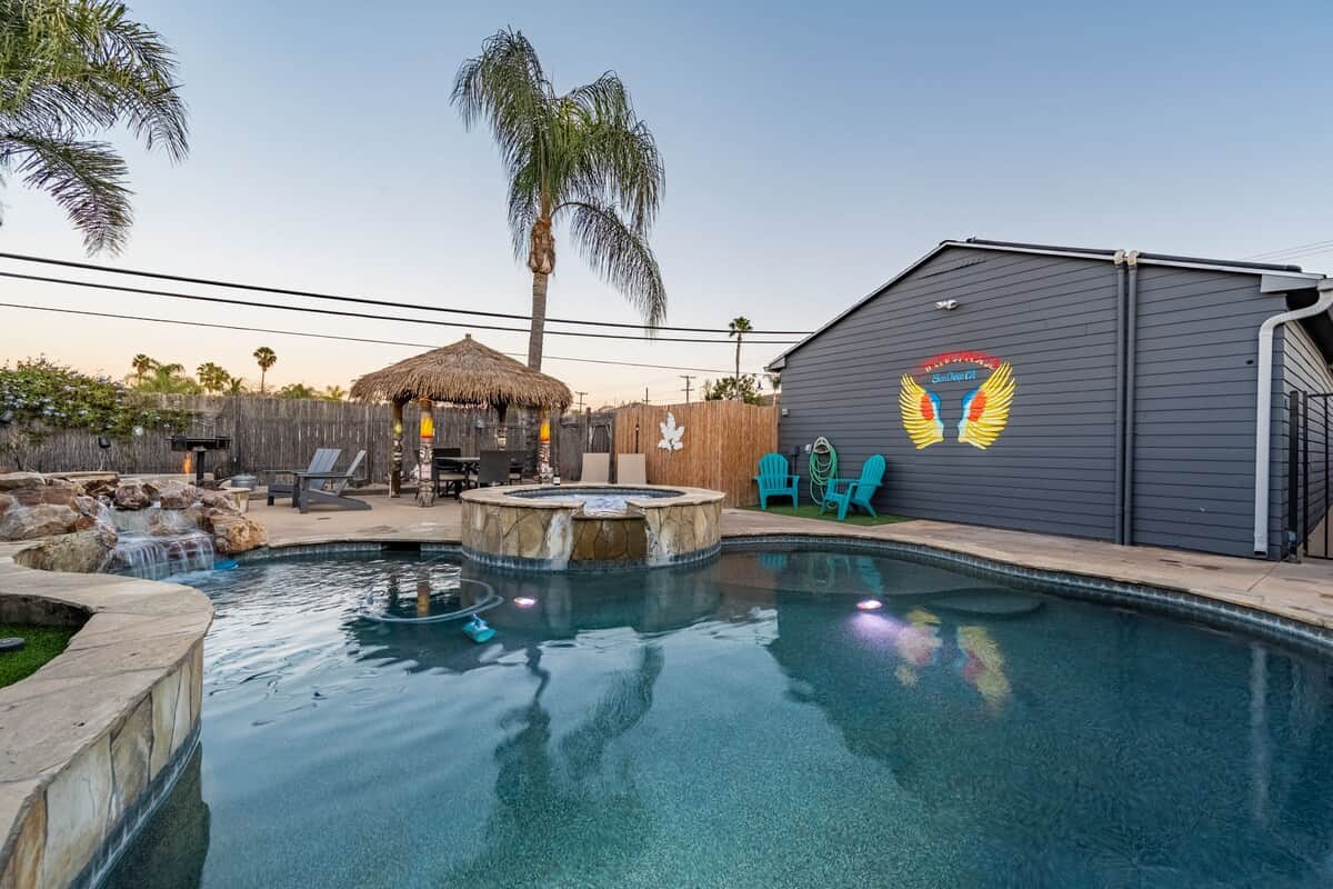 Enjoy a serene escape with a sparkling pool, relaxing spa, and tropical cabana. Perfect for sunny afternoons or evening dips — your private paradise awaits at The Birdhouse SD.