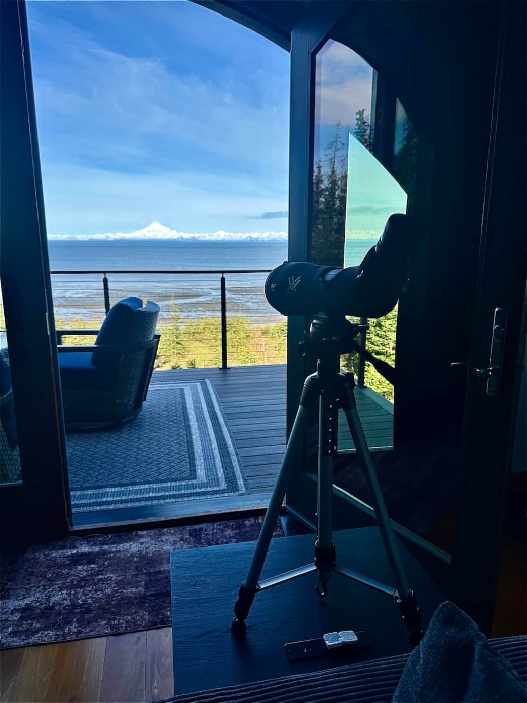 Spotting scope for wildlife and volcano viewing, Alaska oceanfront rental