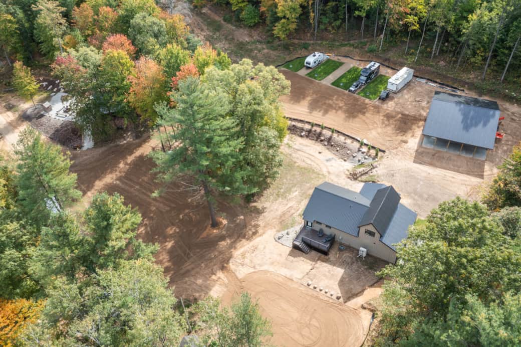 Drone view of cabin and campsites
