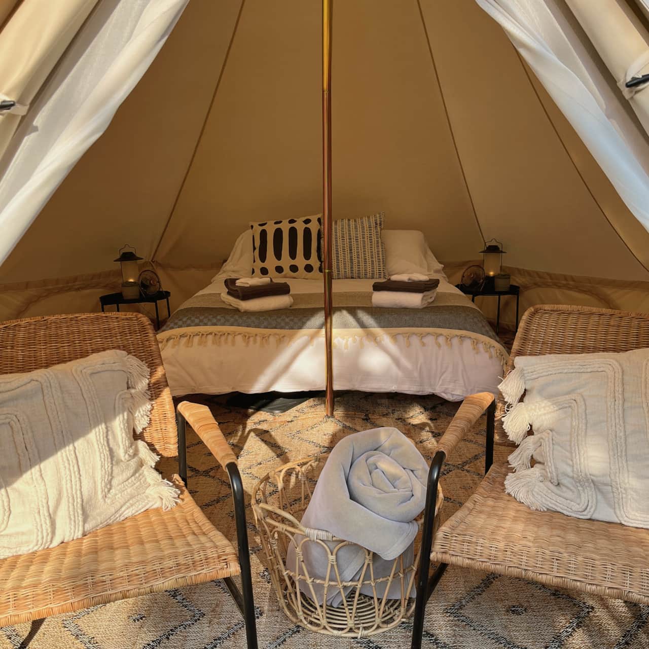 Our furnished canvas tents include a queen bed with a plush memory foam mattress and quality linens✨