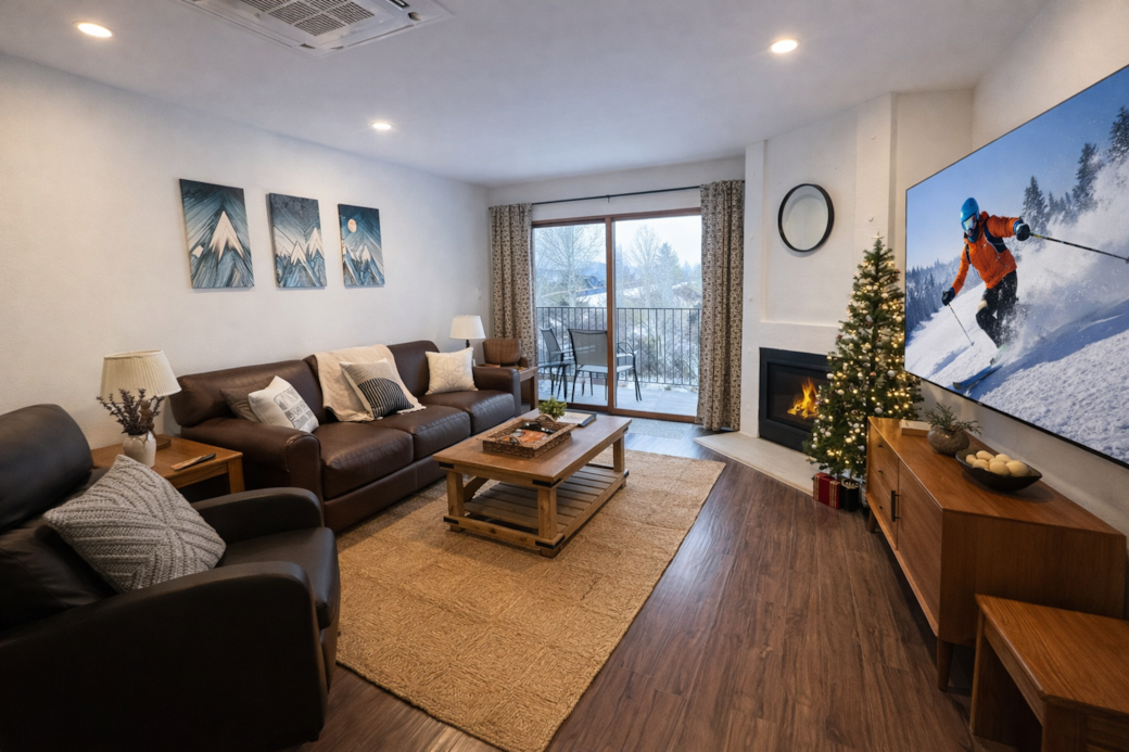 Cozy living room with 72" Smart TV