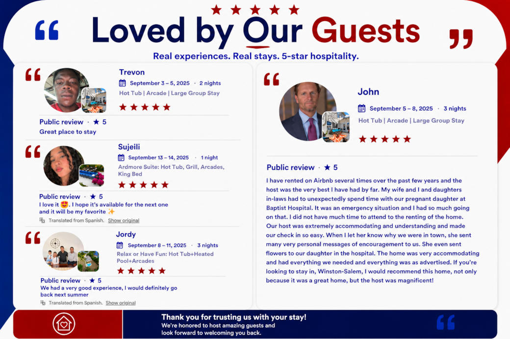 5-star stays, thoughtful hosting, and guests who leave feeling right at home. 5-star stays, thoughtful hosting, and guests who leave feeling right at home.