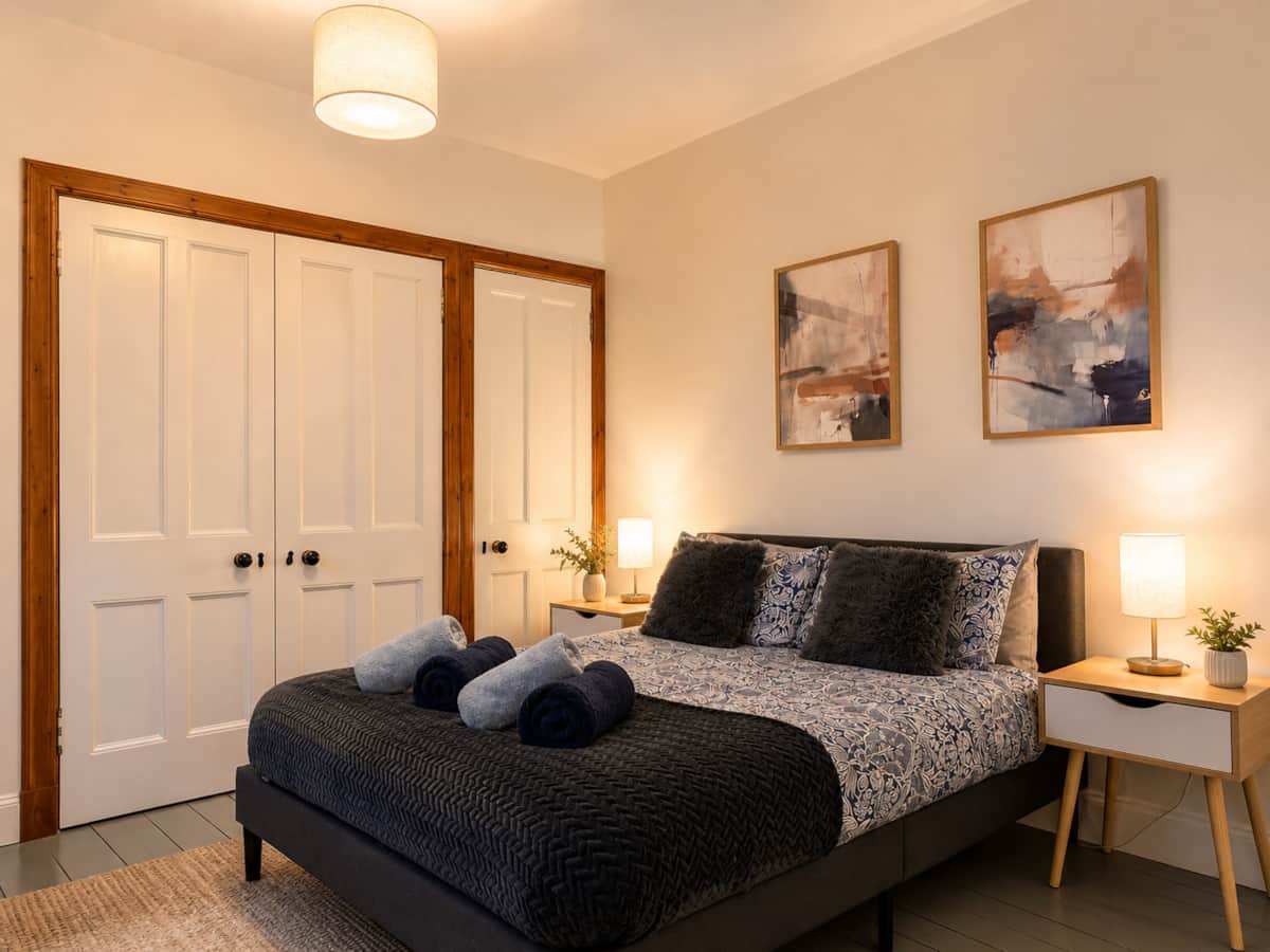 Bedroom 1 in soft evening light, with built-in wardrobes and a navy throw.