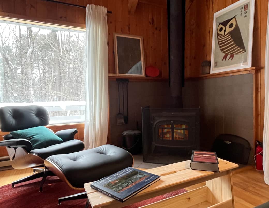 Relax in front of the wood stove, watch the snow fall, and read a good book