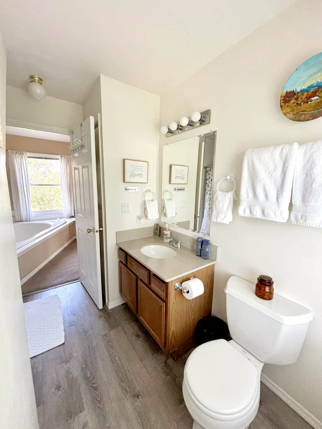 Bright sunlit bathroom with walk in tile shower