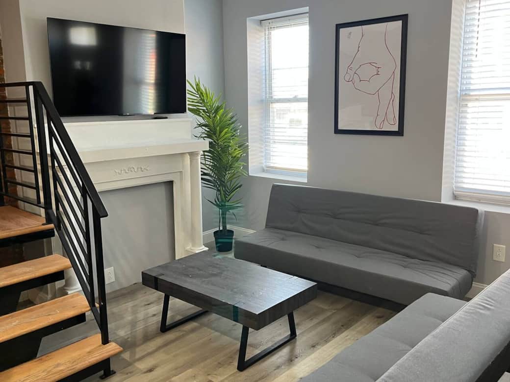 2 futon sofa bed and flat screen tv.