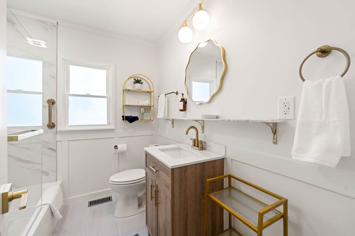 You will find plenty of storage for your personal grooming items in the bathroom.