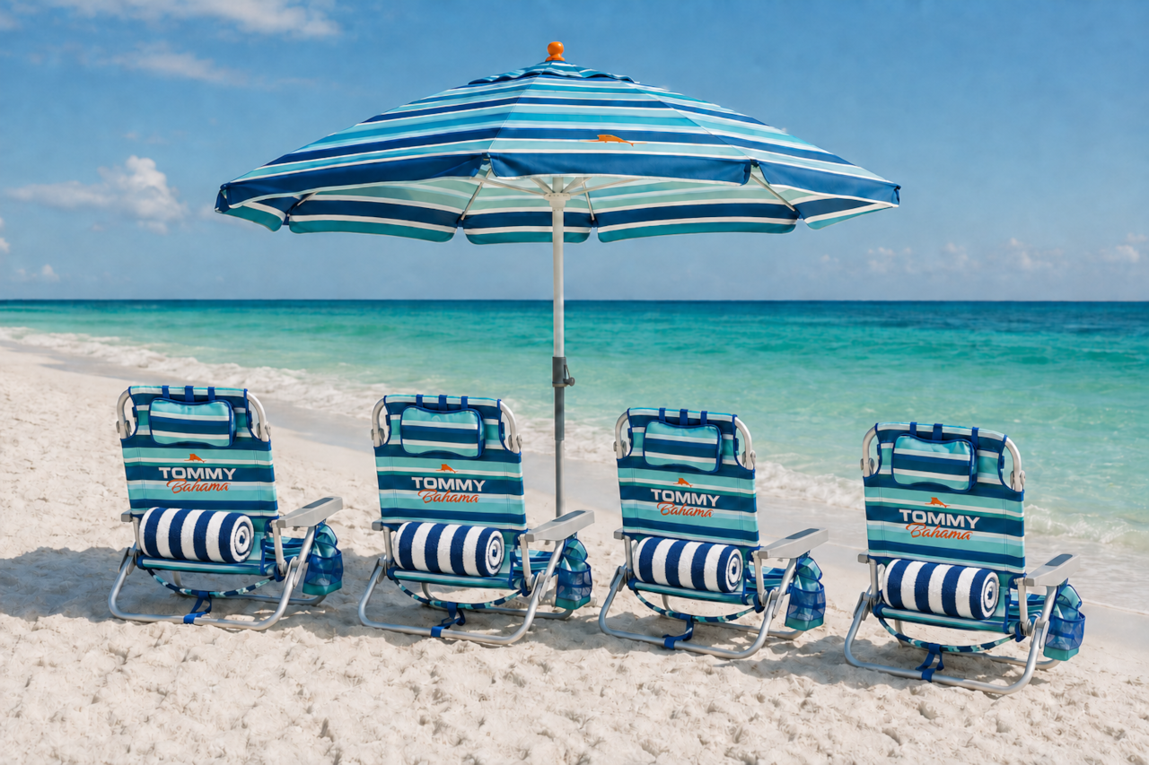 Tommy Bahama Umbrella, Beach Chairs/4x Beach Towels INCLUDED!!