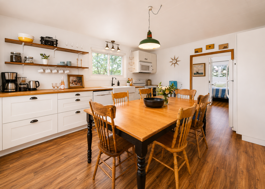 Acadian farmhouse kitchen and dining room