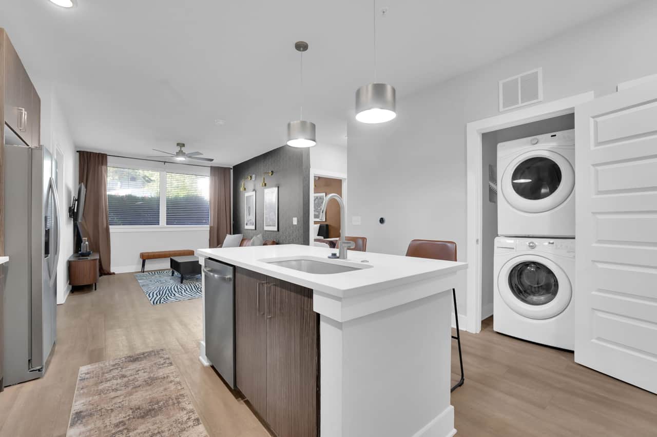 Large Kitchen Island and Energy Saving Stackable Washer and Dryer