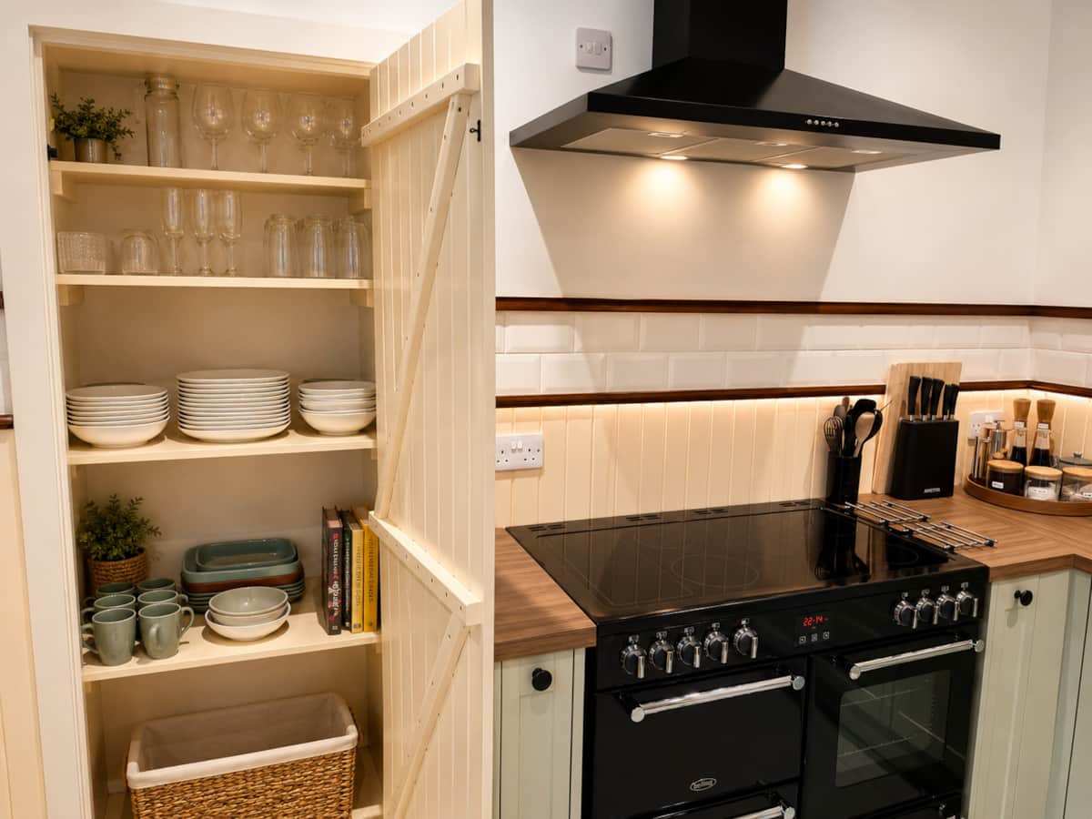 Range cooker and a pantry cupboard stocked with crockery and glassware.